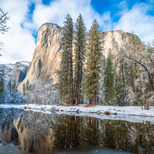 California, The United States, Yosemite National Park, Mountains, viewes, River, winter, trees, rocks