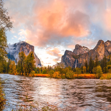 California, The United States, Yosemite National Park, Mountains, viewes, rocks, autumn, trees, River