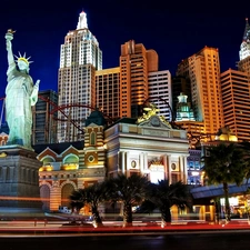 freedom, casino, clouds, statue, Hotel hall, skyscrapers, City at Night