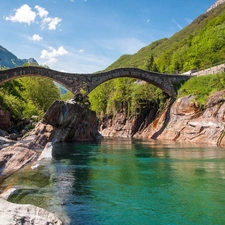 Verzasca, Lavertezzo, stone, bridge, Switzerland, River