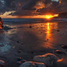 west, sea, Stones, clouds, sun, Beaches