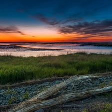 Stones, grass, west, sun, lake