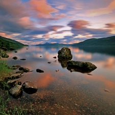 Sky, The Hills, Stones, lake