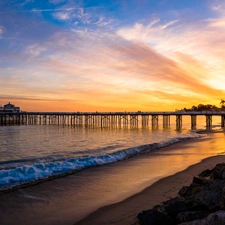 Sunrise, pier, Stones, sea