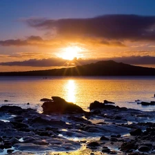 west, lake, Stones, sun