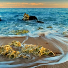 west, sea, Stones rocks, sun