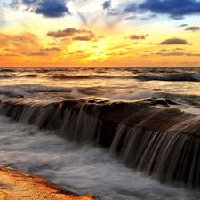 west, sea, Stones, sun