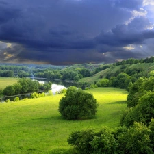 viewes, River, storm, Sky, Meadow, trees