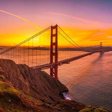 bridge, State of California, Golden Gate Strait, rocks, The United States, Golden Gate Bridge, Great Sunsets