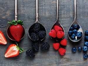 blackberries, Fruits, blueberries, strawberries, composition, raspberries, Spoons