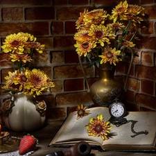 Book, Flowers, Candle, strawberries, alarm clock, Chrysanthemums