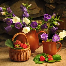 clay, Flowers, strawberries, Jugs