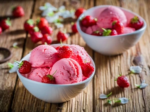 Bowls, boarding, fruit, strawberries, ice cream