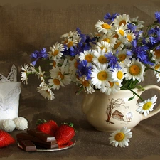 strawberries, Drops, wild, flowers, bouquet