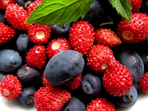 Fruits, mint, blueberries, Strawberries