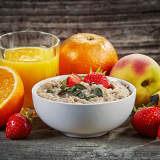 orange, bowl, Banana, oatmeal, composition, strawberries, juice