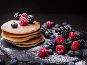 raspberries, pancakes, blackberries, sugar, blueberries, Fruits
