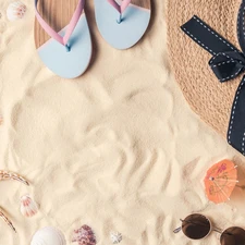 Shells, Flaps, composition, Glasses, holiday, Hat, Sand, summer