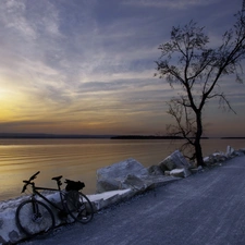 sun, Bike, lake, west, Way