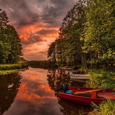 sun, boats, River, west, forest