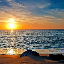 boulders, sea, sun, clouds, west, Beaches