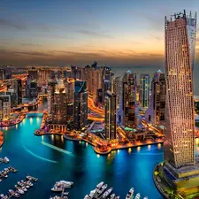 Boats, skyscraper, Dubaj, United Arab Emirates, Great Sunsets, Cayan Tower