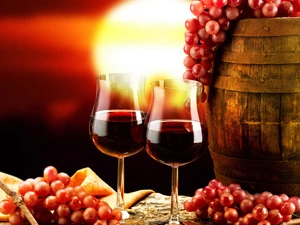 barrel, Wine, west, sun, grape, glasses