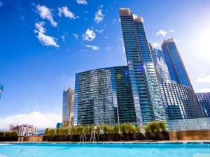 skyscrapers, sun, Las Vegas, clouds