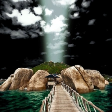 ligh, sun, clouds, flash, dark, bridges, rocks, luminosity