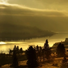 flash, sun, luminosity, Fog, viewes, morning, ligh, River, autumn, Przebijające, trees, Mountains