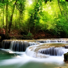 ligh, forest, flash, Przebijające, waterfall, sun, luminosity