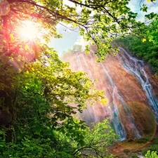 ligh, trees, flash, Przebijające, waterfall, sun, luminosity