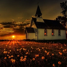 Meadow, west, sun, Church