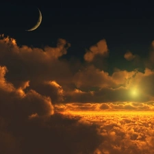 moon, west, sun, clouds