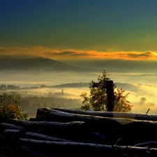 Mountains, rays, sun, forest