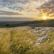 Stones, medows, sun, panorama, rays, rocks