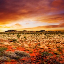 sun, prairie, Mountains, west, clouds