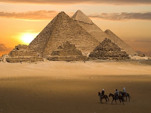 west, sun, Pyramids, Riders, Desert