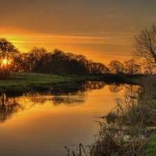 River, west, sun, field