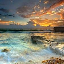 sun, rocks, Waves, west, sea