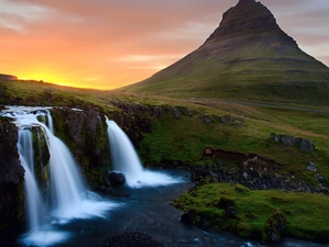 sun, iceland, waterfall, west, rocks