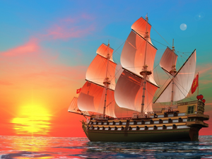 sea, west, sun, sailing vessel