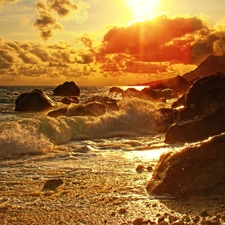 sea, rocks, sun, Waves