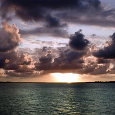 sea, west, sun, clouds