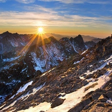 sun, Sky, Mountains, rays, Snowy