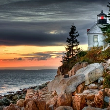 sun, Stones, maritime, west, Lighthouse