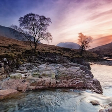 River, west, sun, Stones rocks