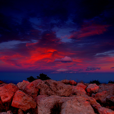 Stones, west, sun, clouds