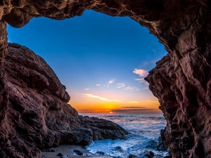 Coast, ocean, USA, west, Malibu, rocks, cave, sun