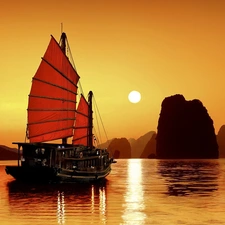 sun, sailing vessel, rocks, west, sea